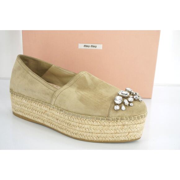 Miu Miu Beige Suede Crystal Jewel Toe Platform Espadrilles SZ 42 12 Slip on $790 - Picture 1 of 12